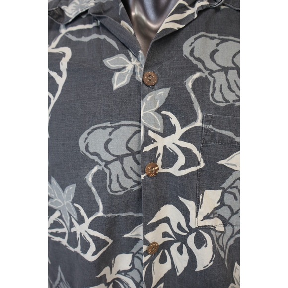 Mens Go Barefoot Hawaiian Shirt Button Front Size L Floral Gray Cotton USA Made - Picture 7 of 7
